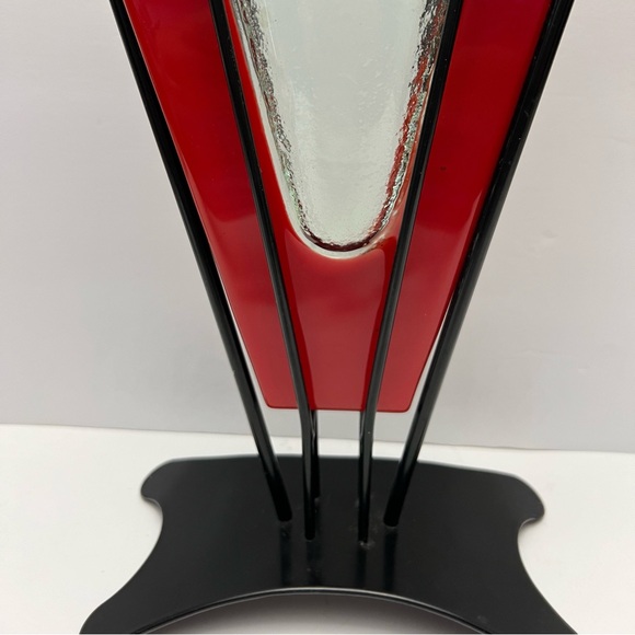 Vintage Postmodern Memphis Style Red Clear Art Glass Vase and Metal Stand - Picture 7 of 14